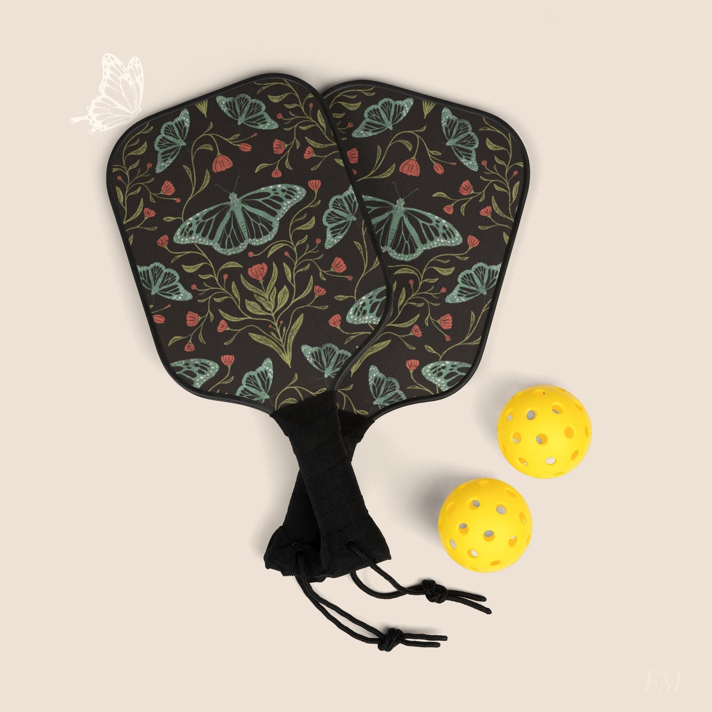 Meadowlace Butterflies Nightglow Pickleball Paddles Set with hand drawn artwork - Flourish Moon Studio