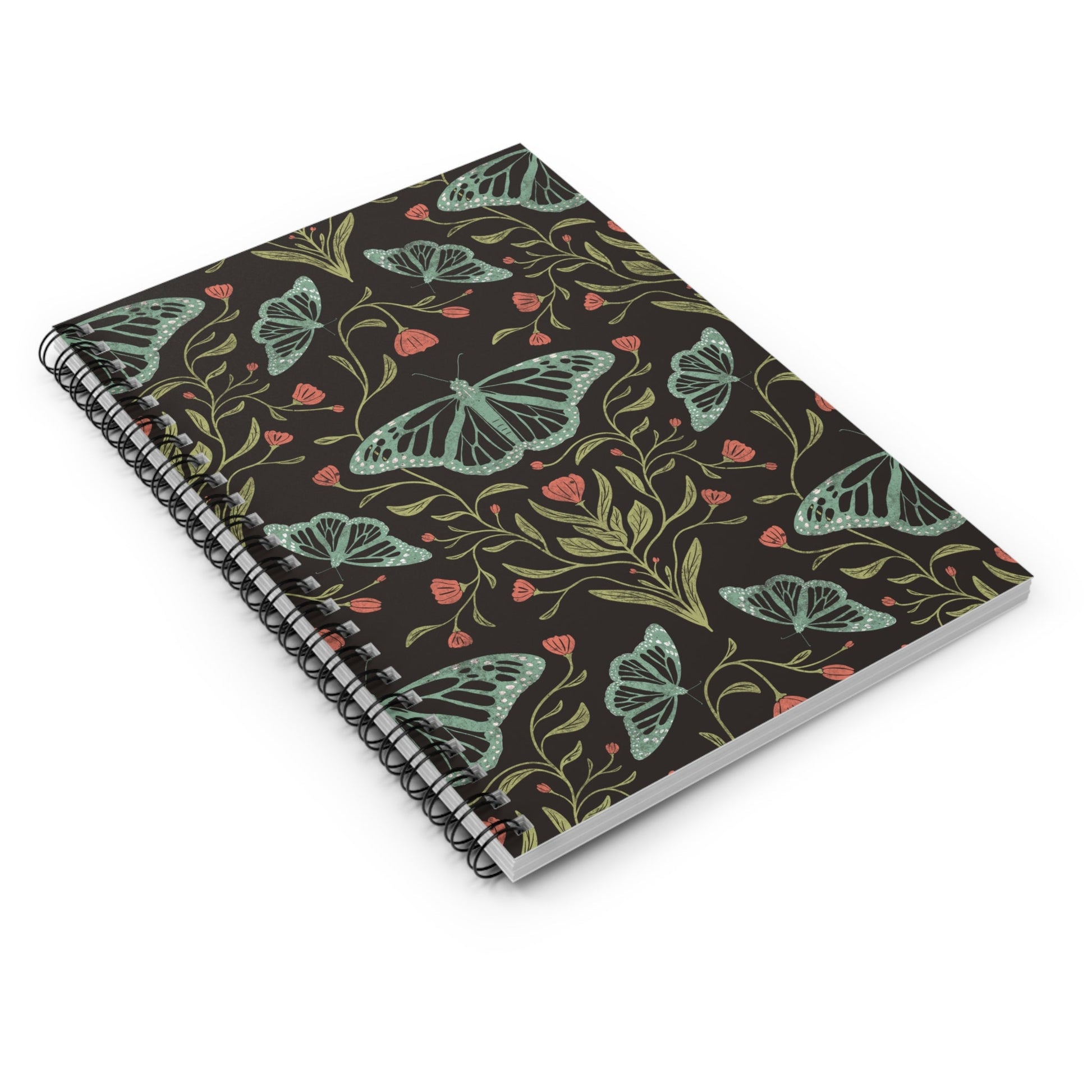 Meadowlace Butterflies Nightglow Spiral Notebook with hand - drawn artwork - Flourish Moon Studio