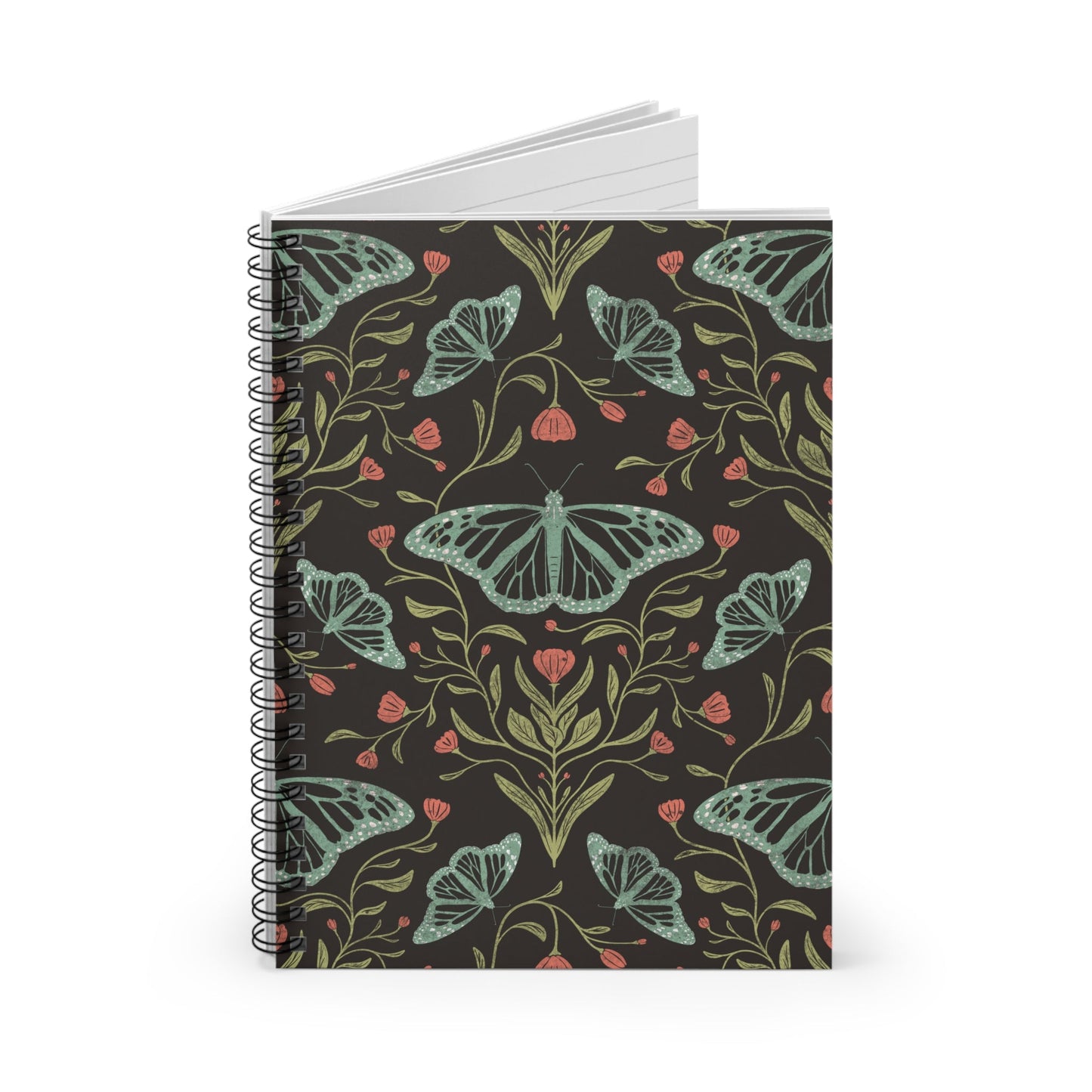 Meadowlace Butterflies Nightglow Spiral Notebook with hand - drawn artwork - Flourish Moon Studio