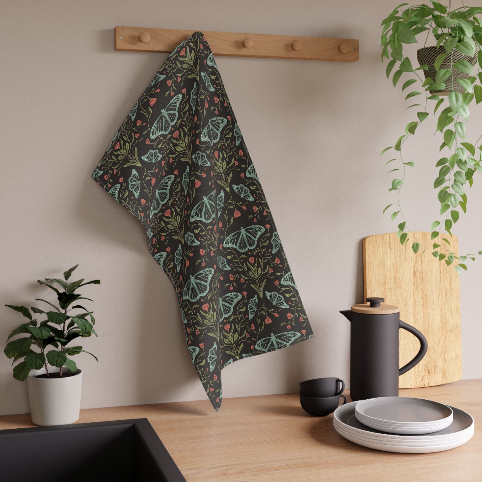 Meadowlace Butterflies Nightglow Tea Towel with hand - drawn artwork - Flourish Moon Studio