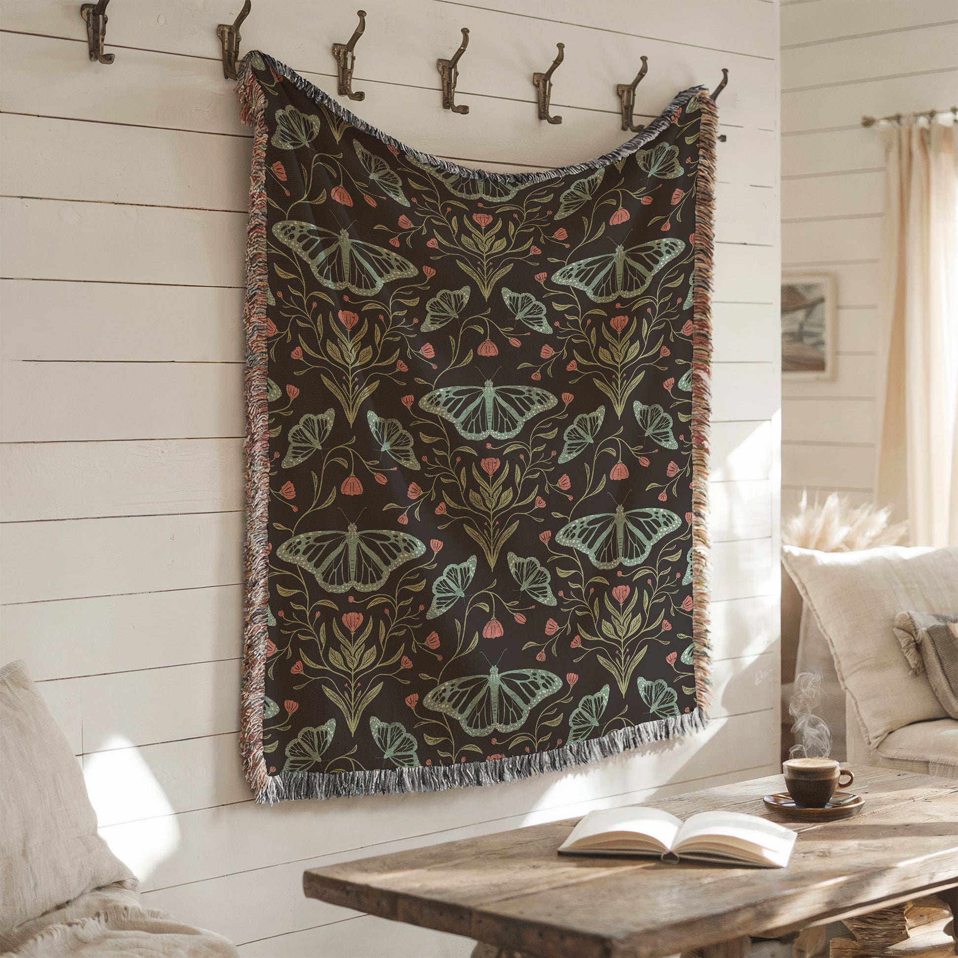 Meadowlace Butterflies Nightglow Woven Blanket with hand - drawn artwork - Flourish Moon Studio