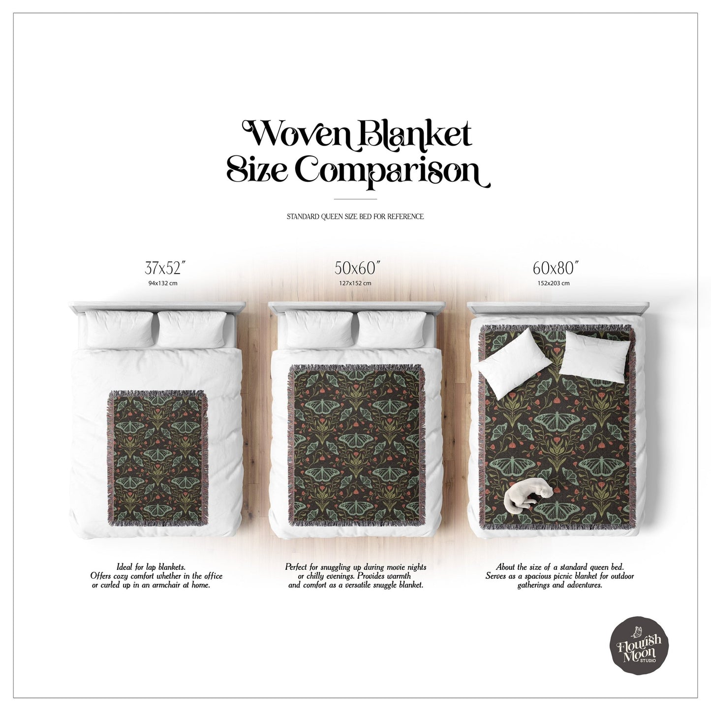 Meadowlace Butterflies Nightglow Woven Blanket with hand - drawn artwork - Flourish Moon Studio