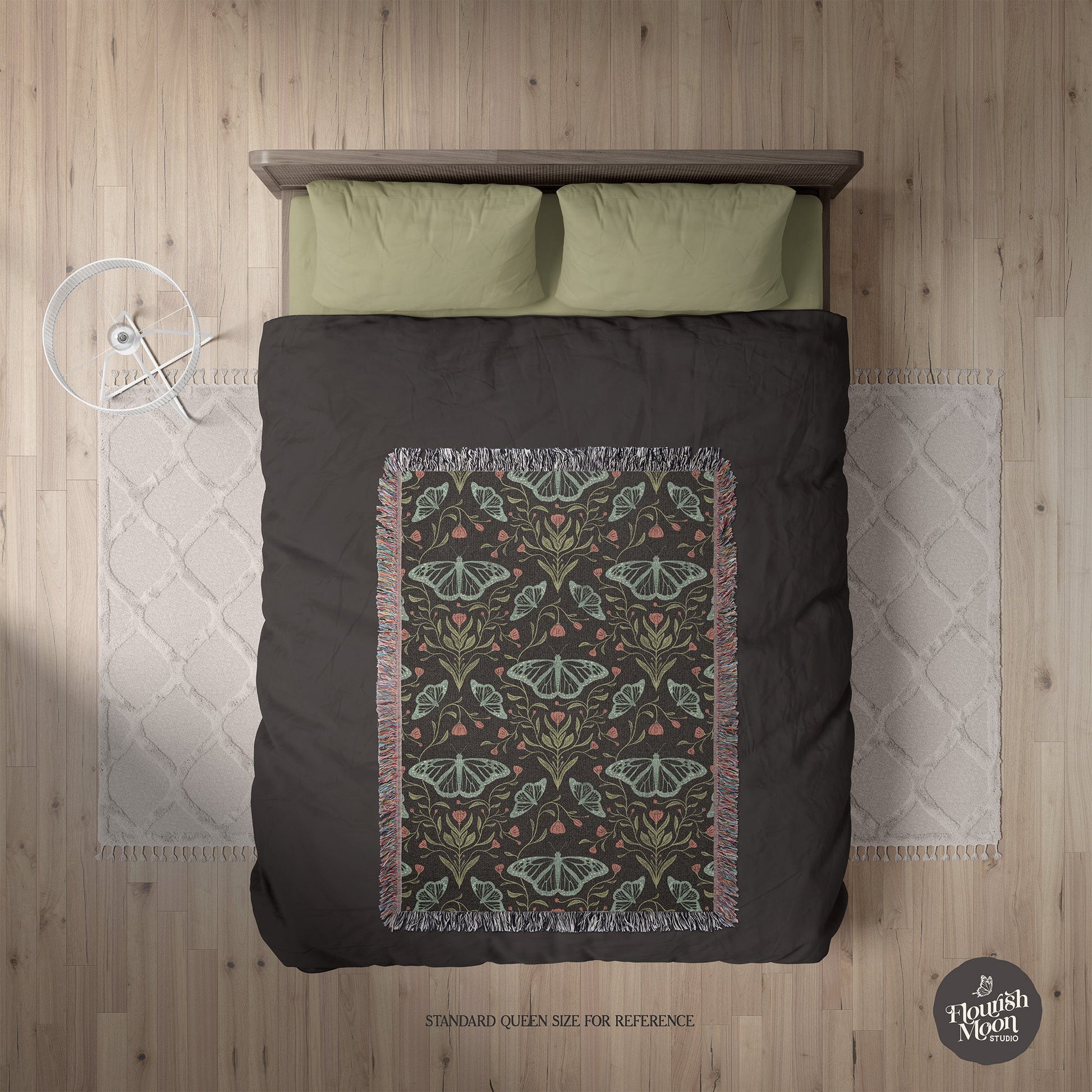 Meadowlace Butterflies Nightglow Woven Blanket with hand - drawn artwork - Flourish Moon Studio
