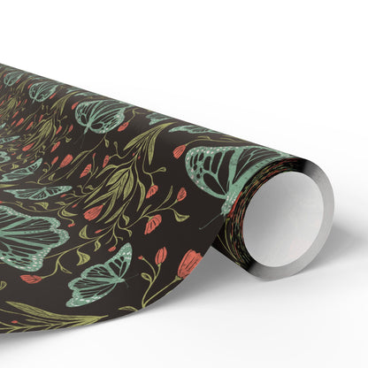Meadowlace Butterflies Nightglow Wrapping Paper with hand - drawn artwork - Flourish Moon Studio