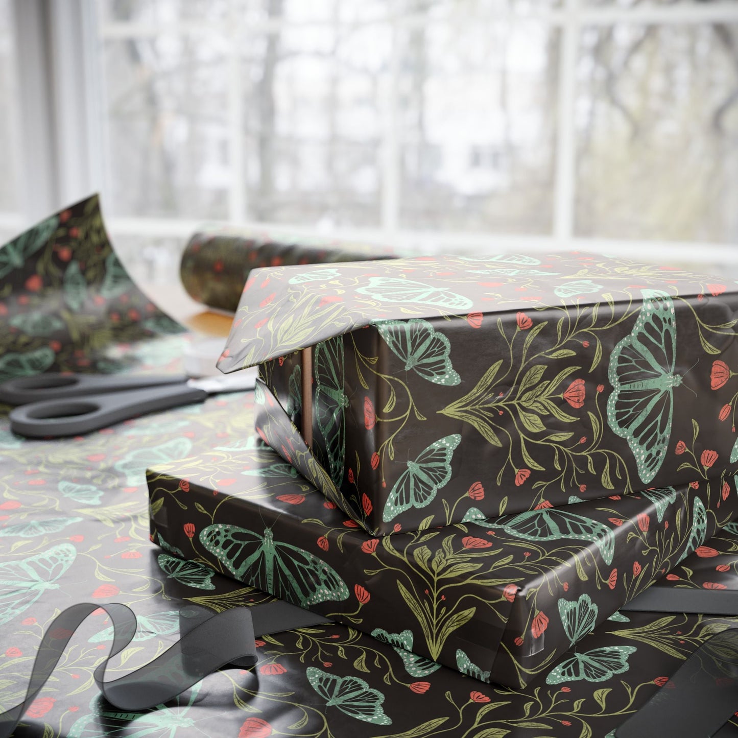 Meadowlace Butterflies Nightglow Wrapping Paper with hand - drawn artwork - Flourish Moon Studio