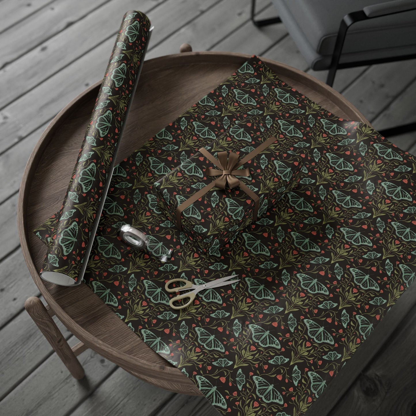 Meadowlace Butterflies Nightglow Wrapping Paper with hand - drawn artwork - Flourish Moon Studio