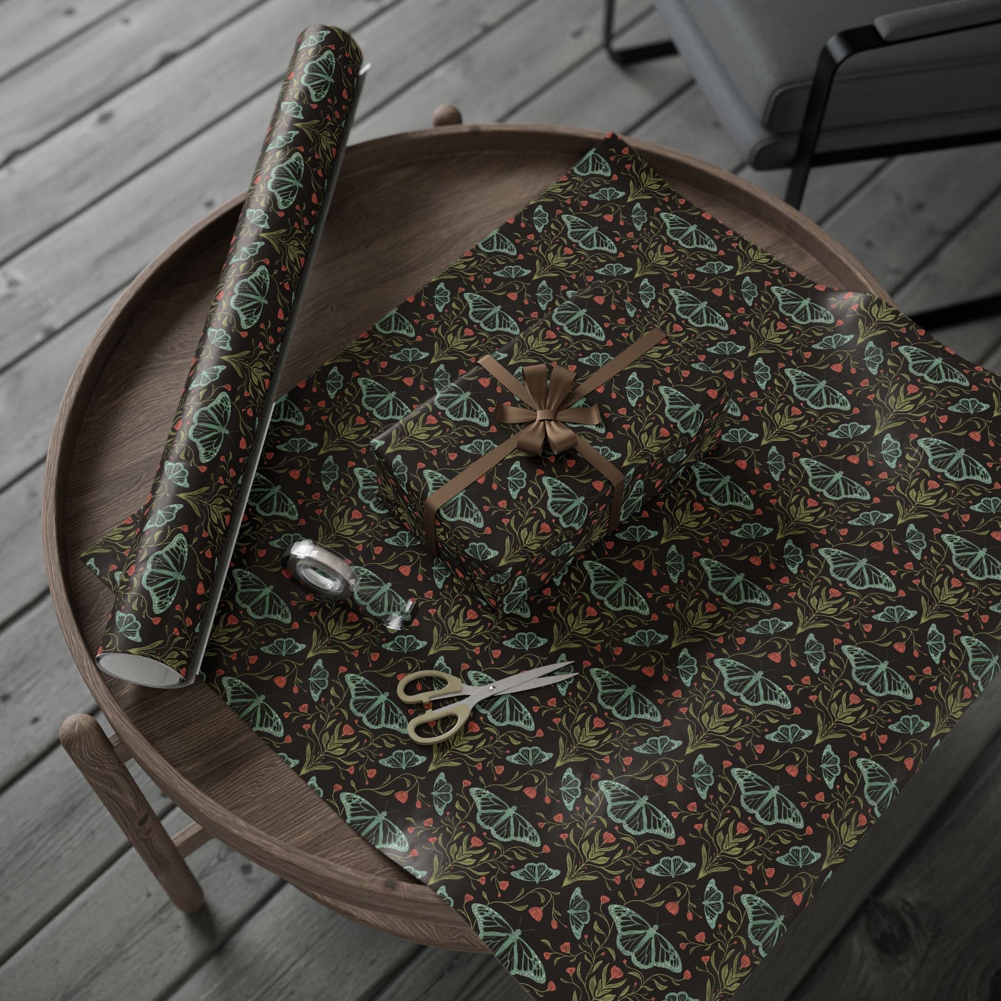 Meadowlace Butterflies Nightglow Wrapping Paper with hand - drawn artwork - Flourish Moon Studio