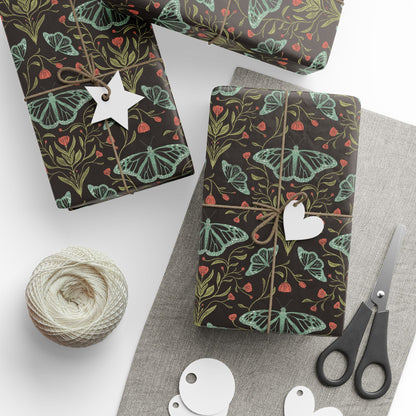 Meadowlace Butterflies Nightglow Wrapping Paper with hand - drawn artwork - Flourish Moon Studio