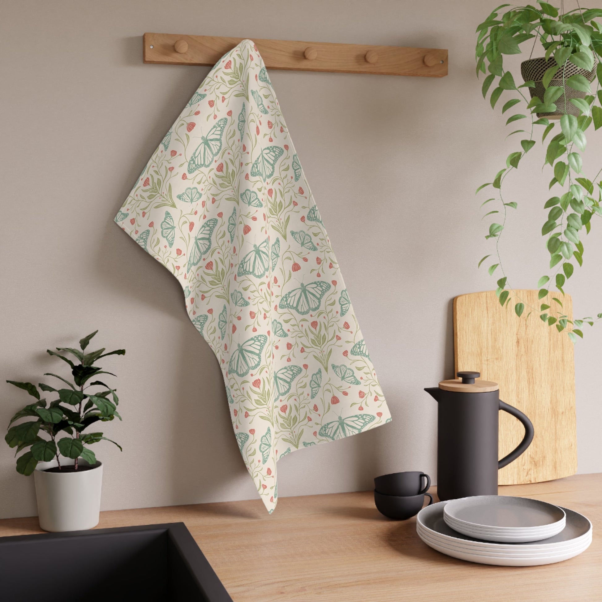 Meadowlace Butterflies Tea Towel with hand - drawn artwork - Flourish Moon Studio