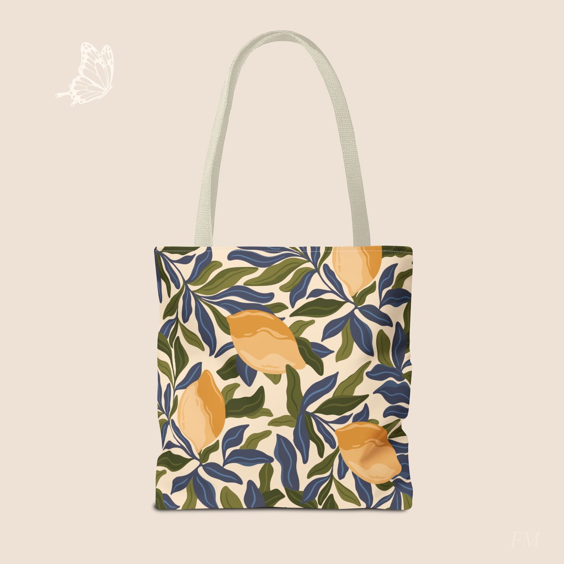 Mediterranean Lemon Branches Day Tote Bag with hand drawn artwork - Flourish Moon Studio