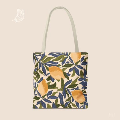 Mediterranean Lemon Branches Day Tote Bag with hand drawn artwork - Flourish Moon Studio