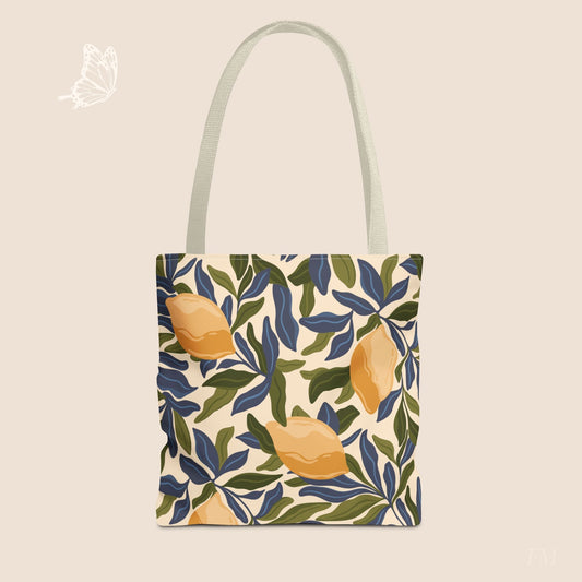 Mediterranean Lemon Branches Day Tote Bag with hand drawn artwork - Flourish Moon Studio