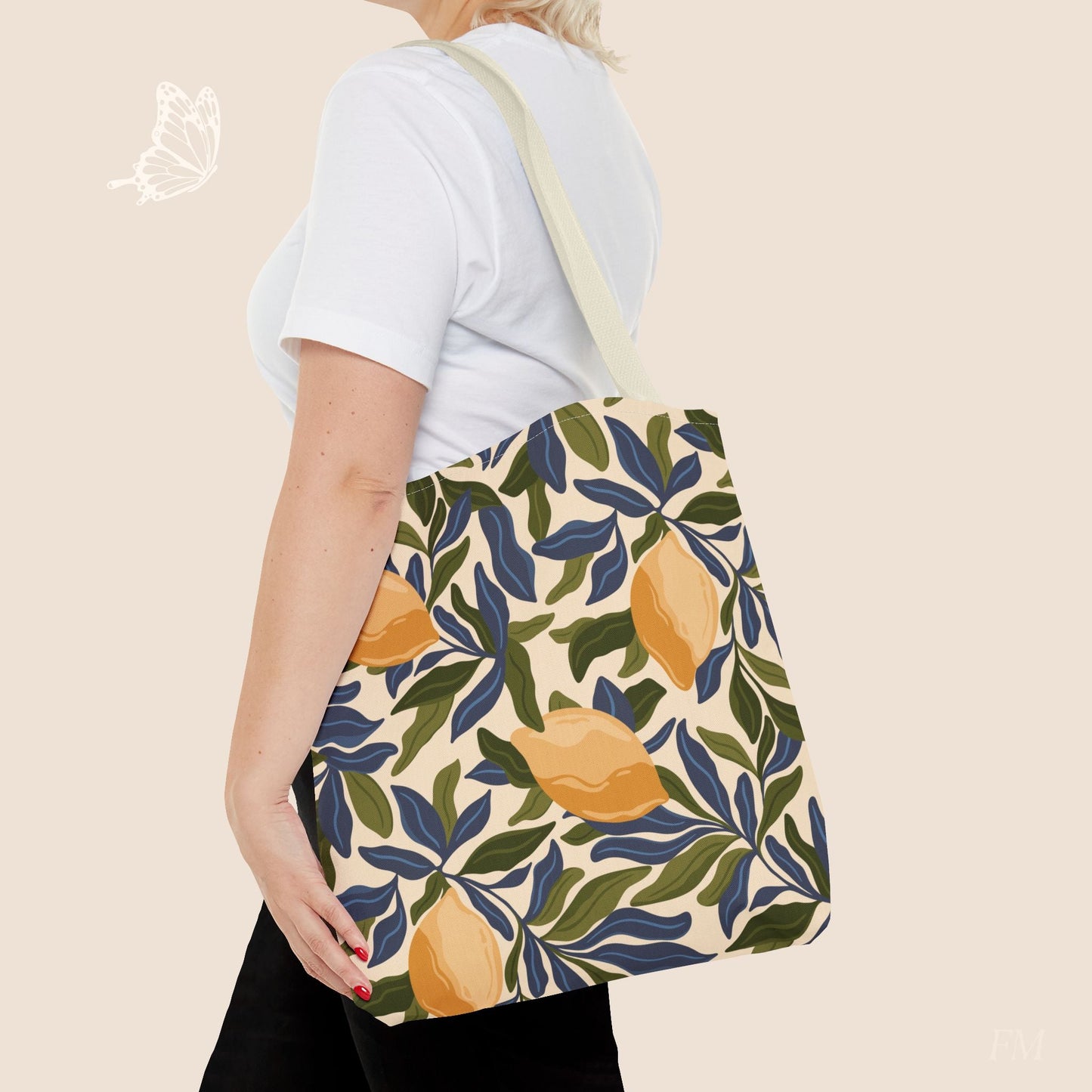 Mediterranean Lemon Branches Day Tote Bag with hand drawn artwork - Flourish Moon Studio