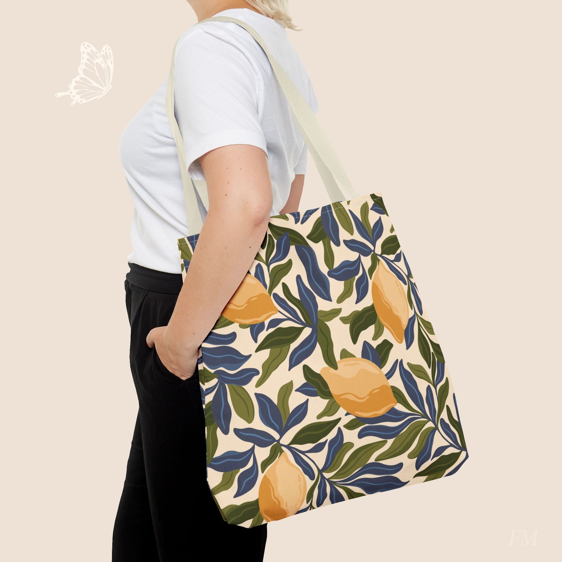 Mediterranean Lemon Branches Day Tote Bag with hand drawn artwork - Flourish Moon Studio