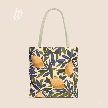 Mediterranean Lemon Branches Day Tote Bag with hand drawn artwork - Flourish Moon Studio