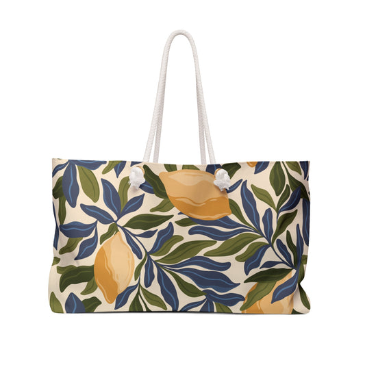 Mediterranean Lemon Branches Weekender Bag with hand drawn artwork - Flourish Moon Studio