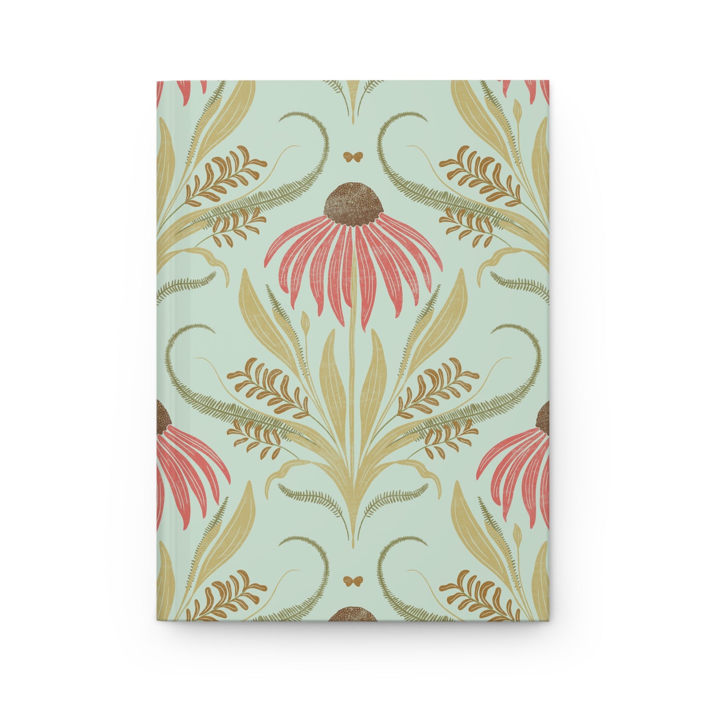 Floral patterned notebook with pink and gold design on a light blue background