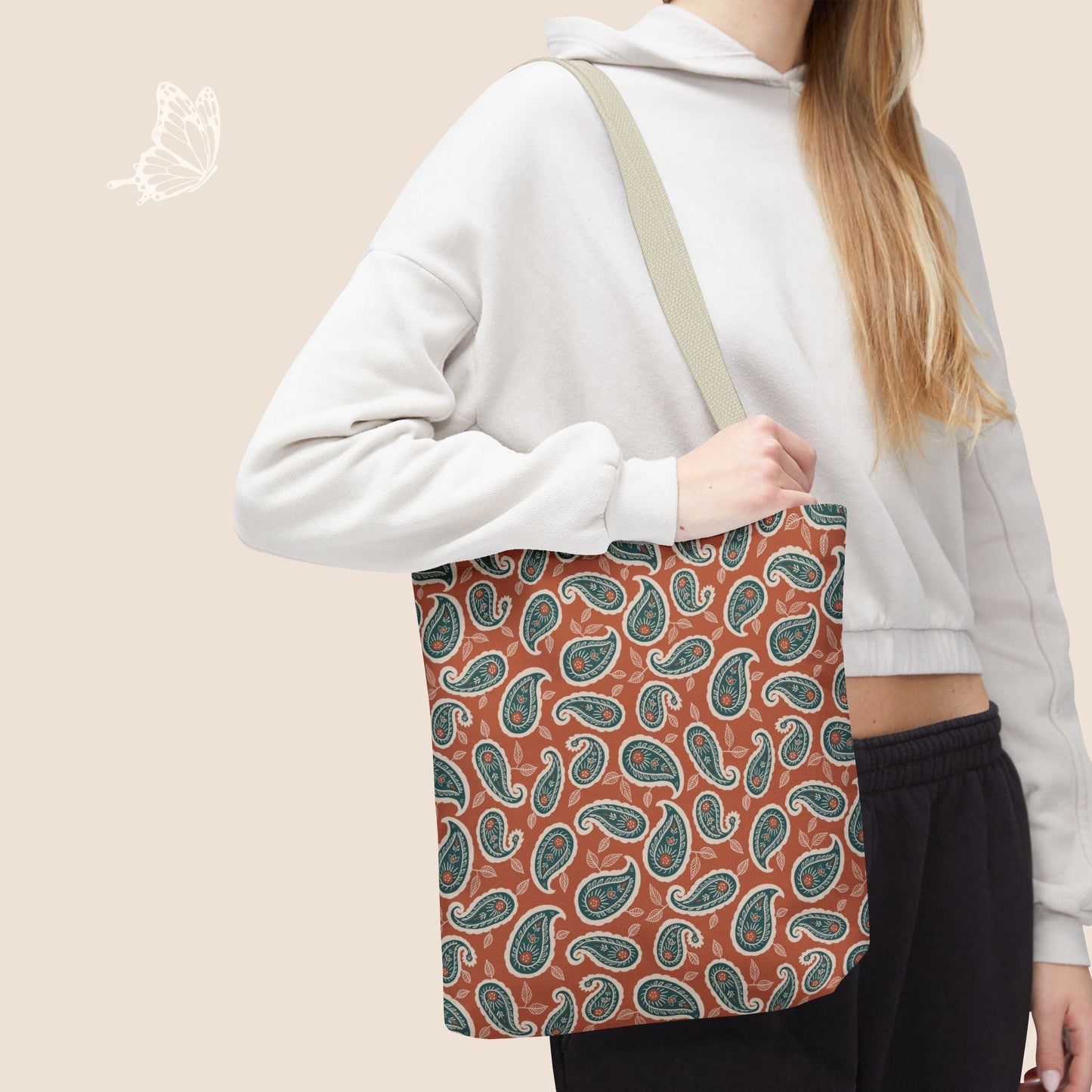 Paisley Folklore Rust & Teal Day Tote Bag with hand drawn artwork - Flourish Moon Studio