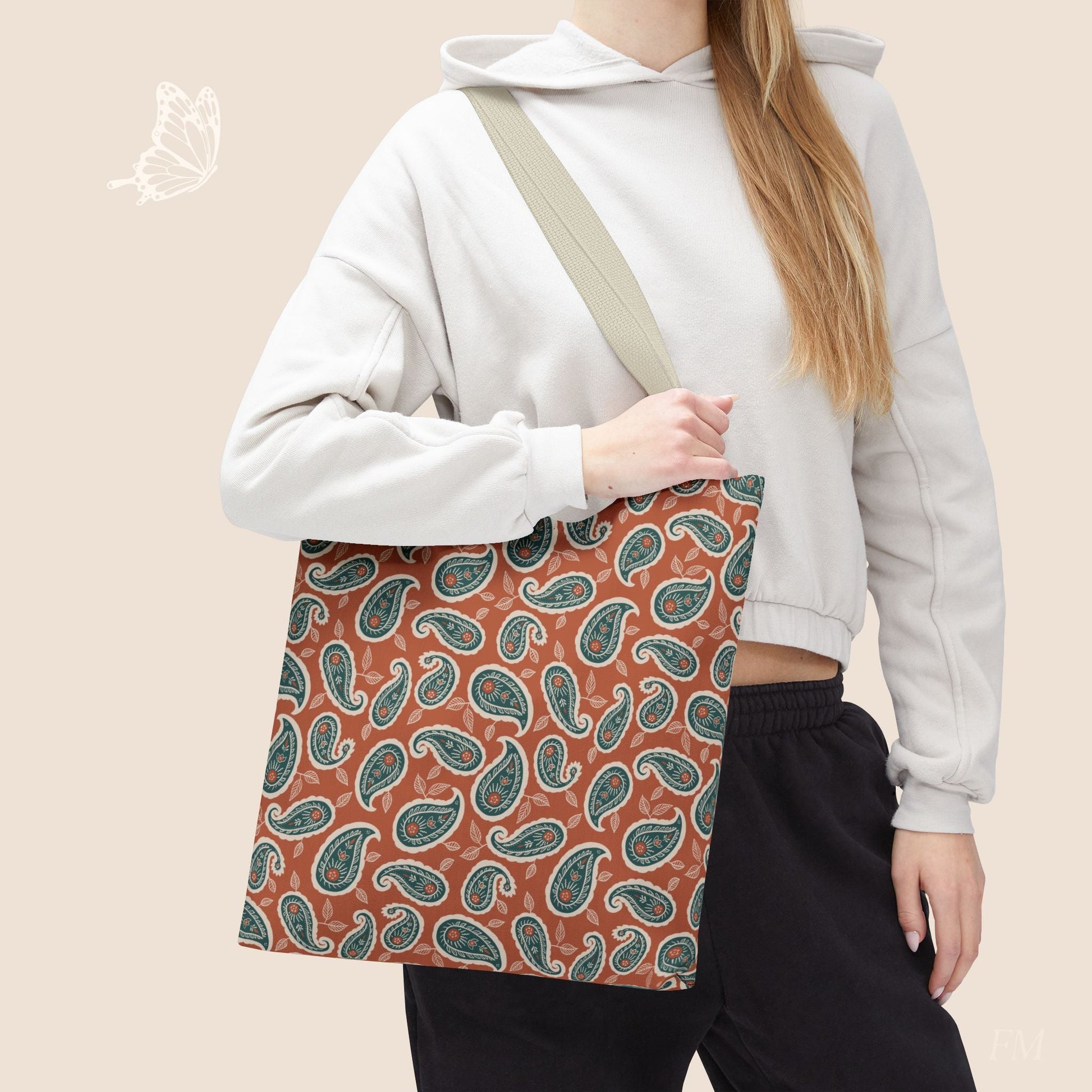 Paisley Folklore Rust & Teal Day Tote Bag with hand drawn artwork - Flourish Moon Studio