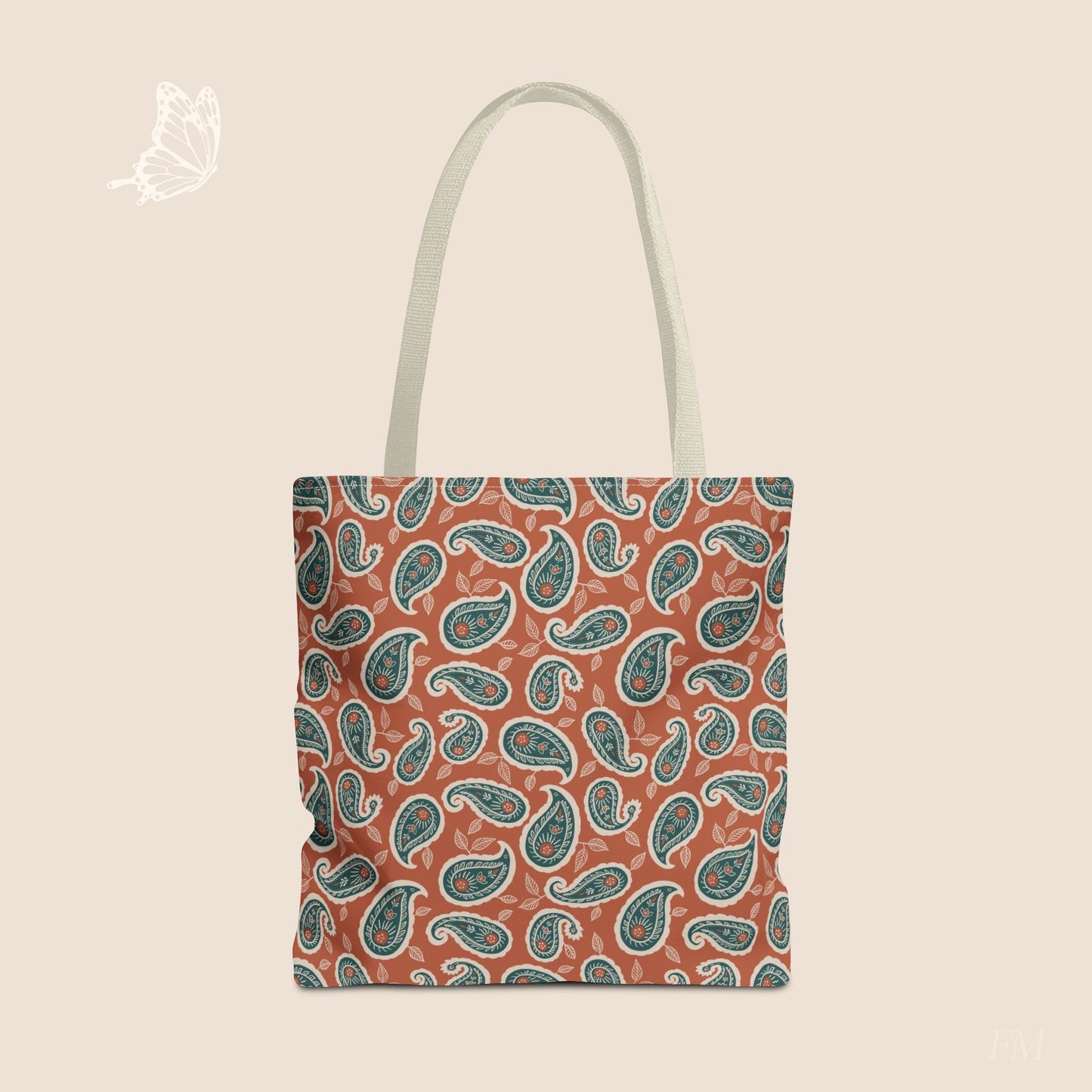 Paisley Folklore Rust & Teal Day Tote Bag with hand drawn artwork - Flourish Moon Studio