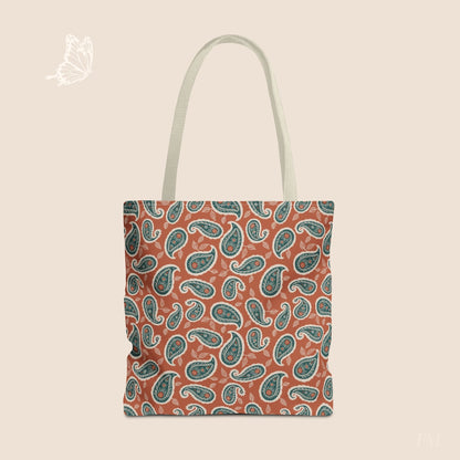 Paisley Folklore Rust & Teal Day Tote Bag with hand drawn artwork - Flourish Moon Studio