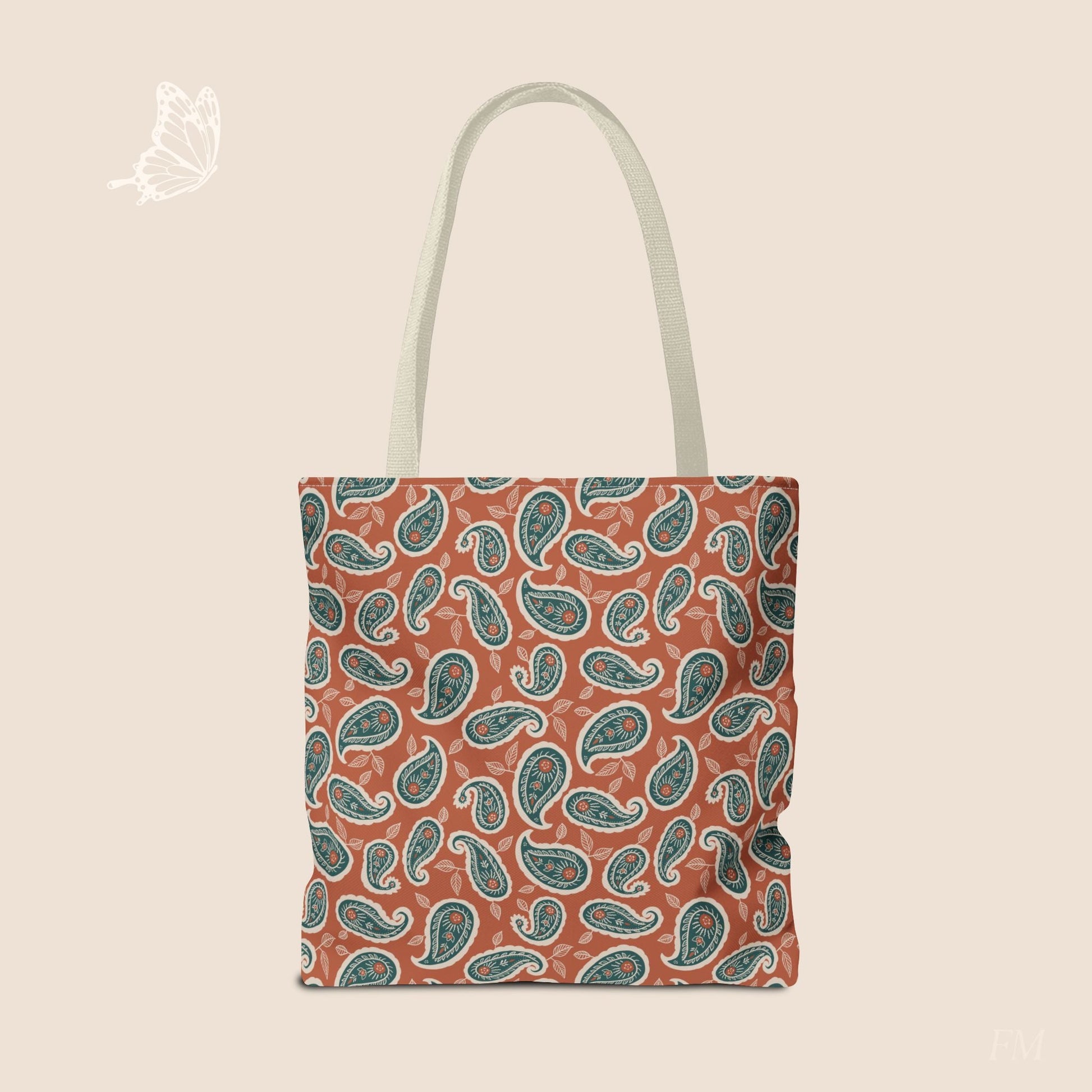 Paisley Folklore Rust & Teal Day Tote Bag with hand drawn artwork - Flourish Moon Studio