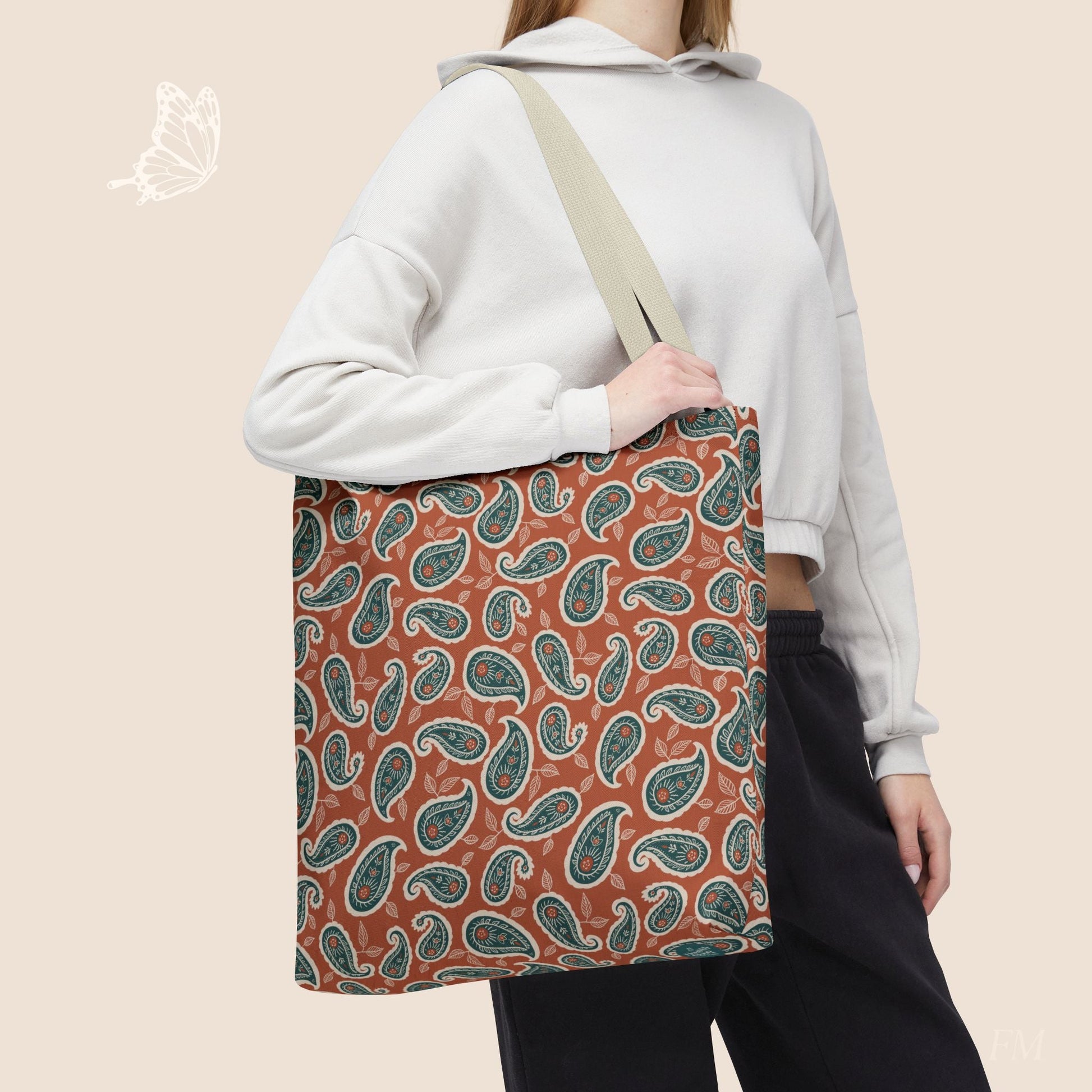 Paisley Folklore Rust & Teal Day Tote Bag with hand drawn artwork - Flourish Moon Studio