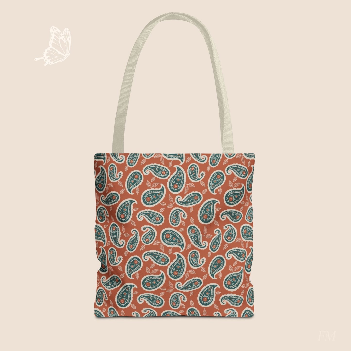 Paisley Folklore Rust & Teal Day Tote Bag with hand drawn artwork - Flourish Moon Studio