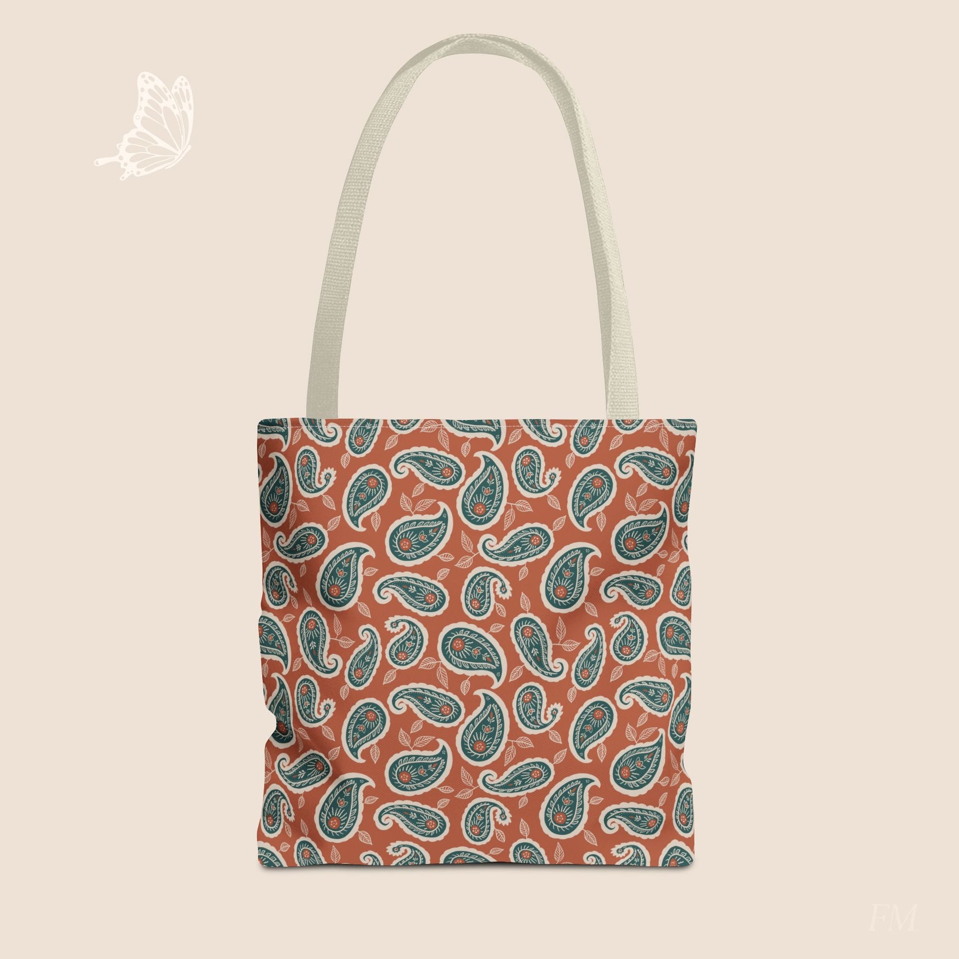 Paisley Folklore Rust & Teal Day Tote Bag with hand drawn artwork - Flourish Moon Studio
