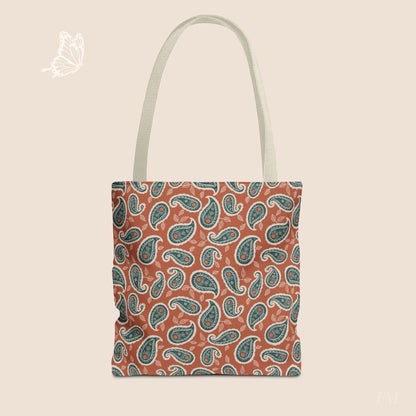 Paisley Folklore Rust & Teal Day Tote Bag with hand drawn artwork - Flourish Moon Studio