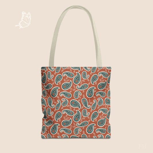Paisley Folklore Rust & Teal Day Tote Bag with hand drawn artwork - Flourish Moon Studio