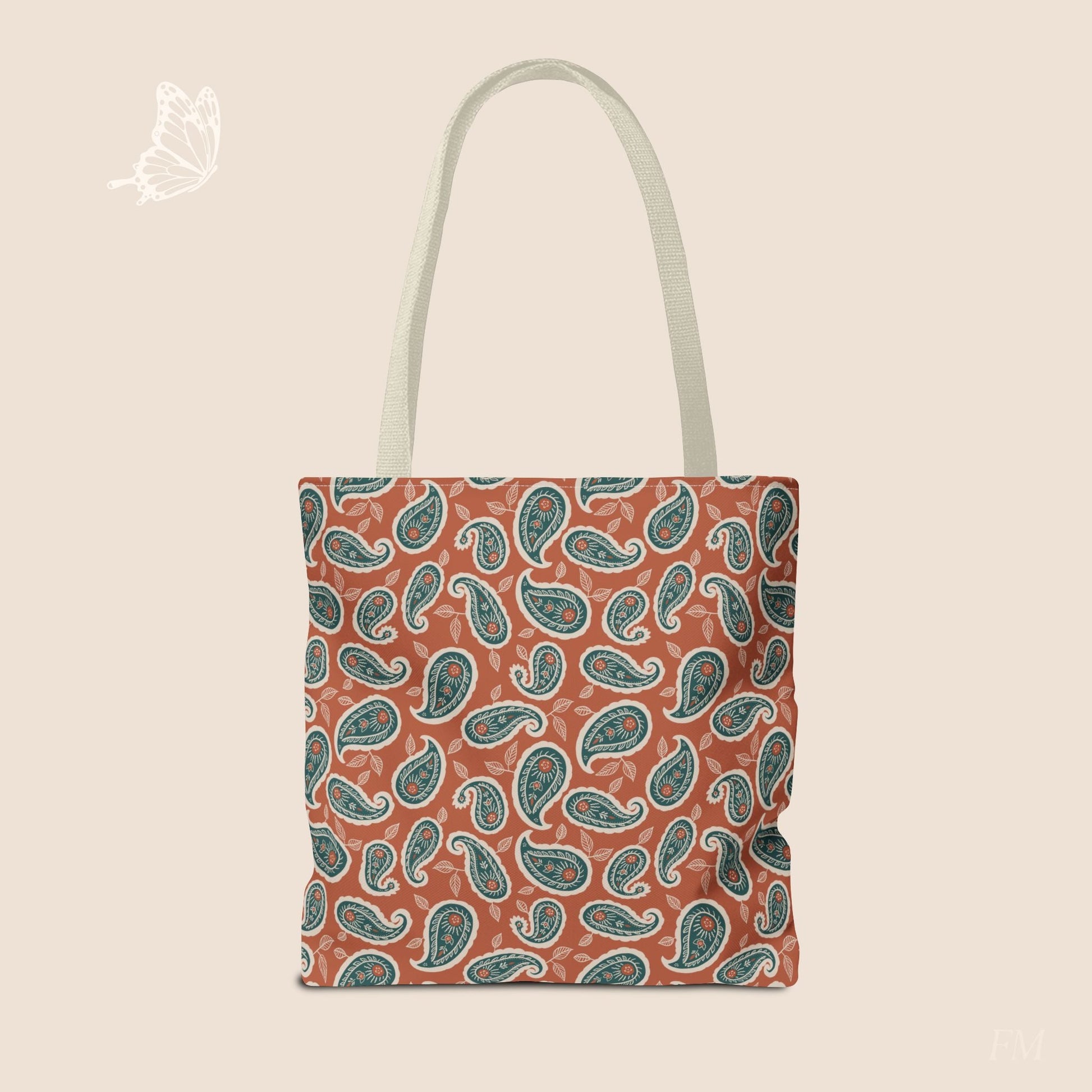 Paisley Folklore Rust & Teal Day Tote Bag with hand drawn artwork - Flourish Moon Studio