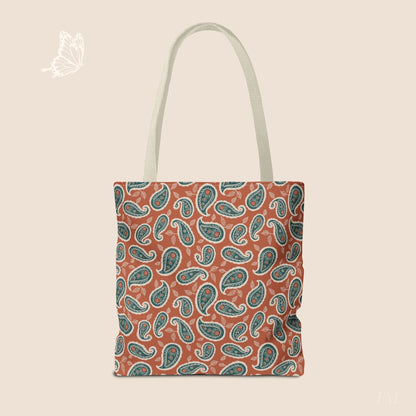 Paisley Folklore Rust & Teal Day Tote Bag with hand drawn artwork - Flourish Moon Studio