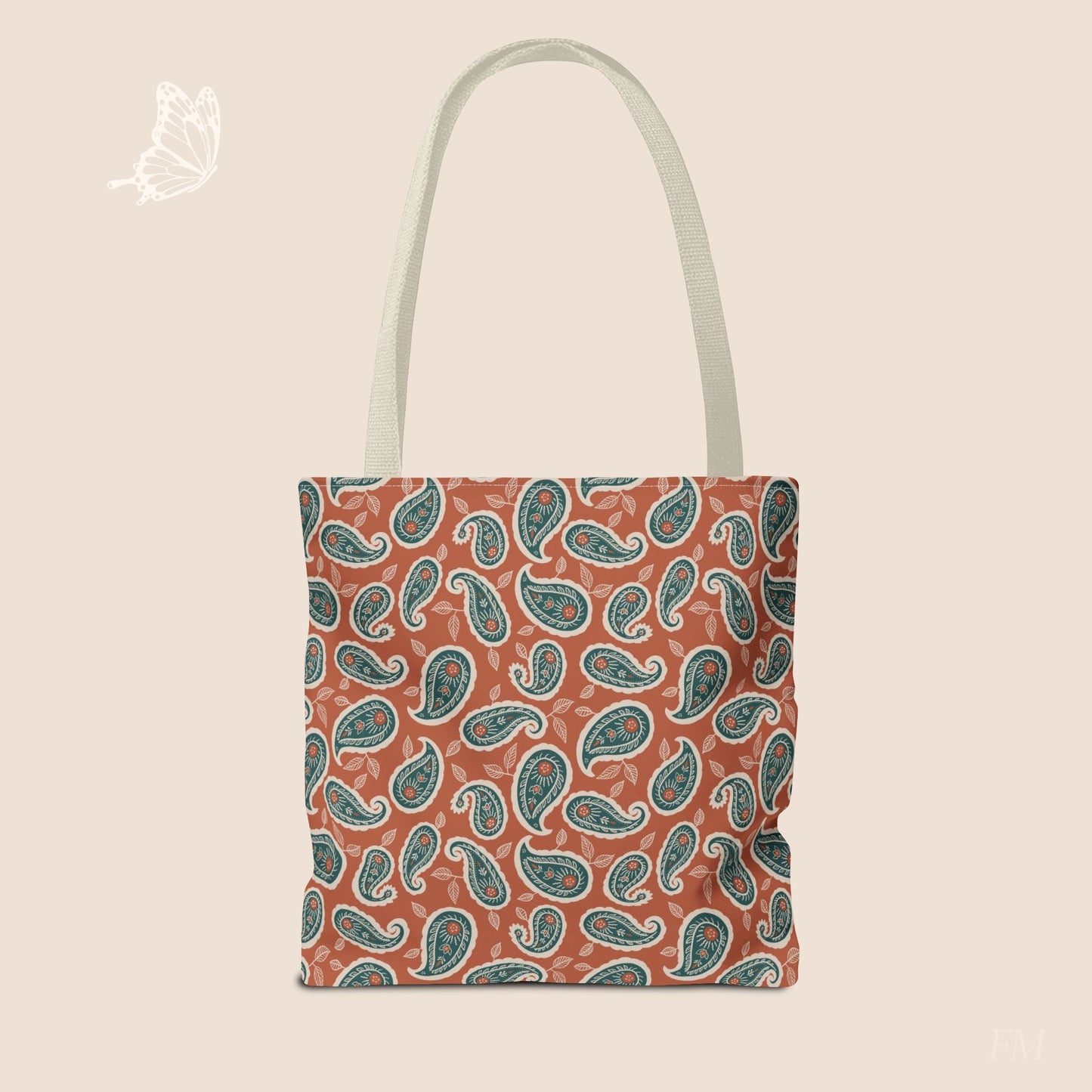 Paisley Folklore Rust & Teal Day Tote Bag with hand drawn artwork - Flourish Moon Studio