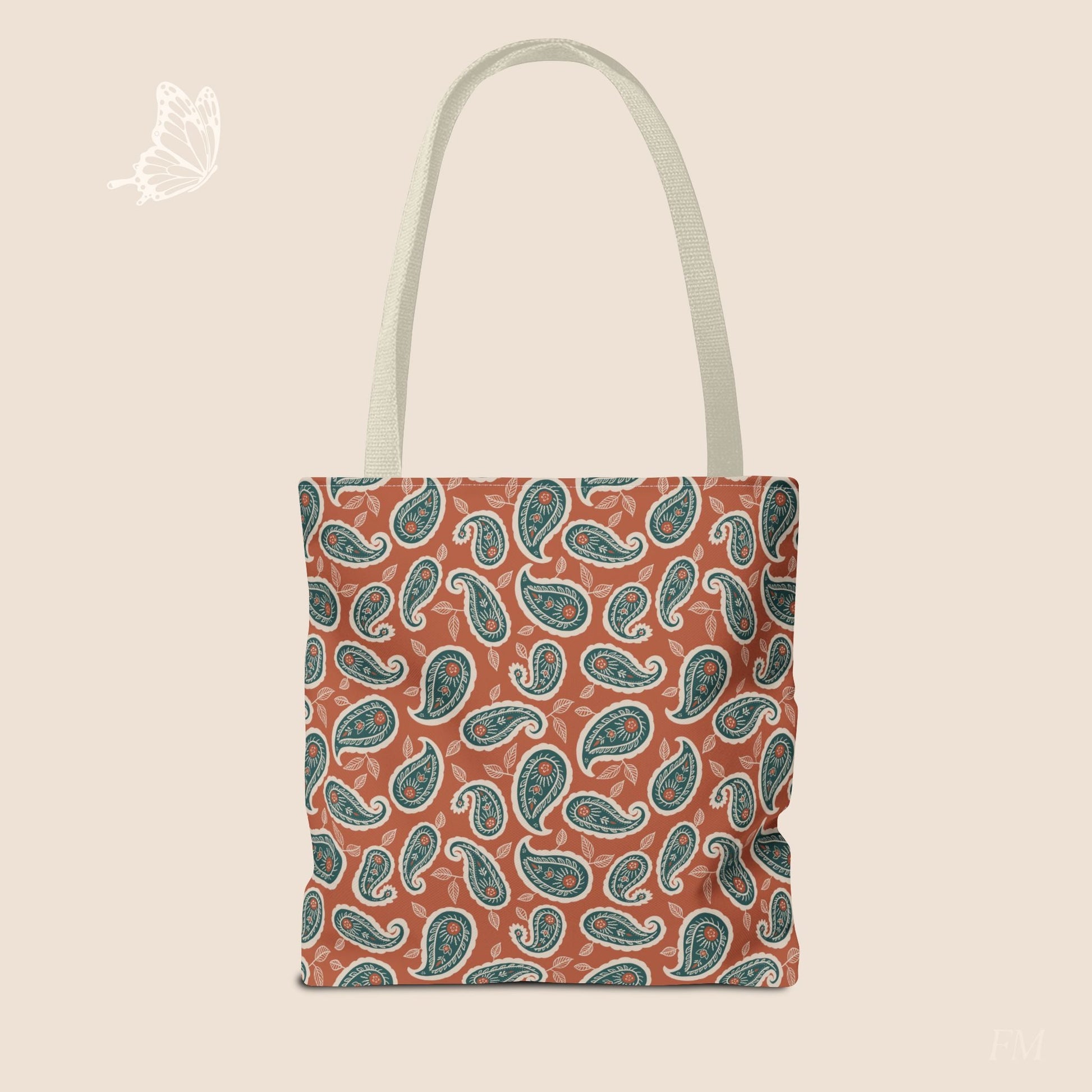 Paisley Folklore Rust & Teal Day Tote Bag with hand drawn artwork - Flourish Moon Studio