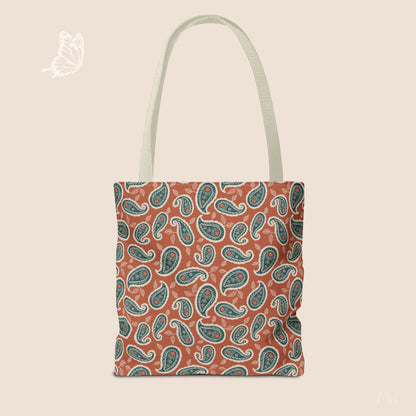 Paisley Folklore Rust & Teal Day Tote Bag with hand drawn artwork - Flourish Moon Studio