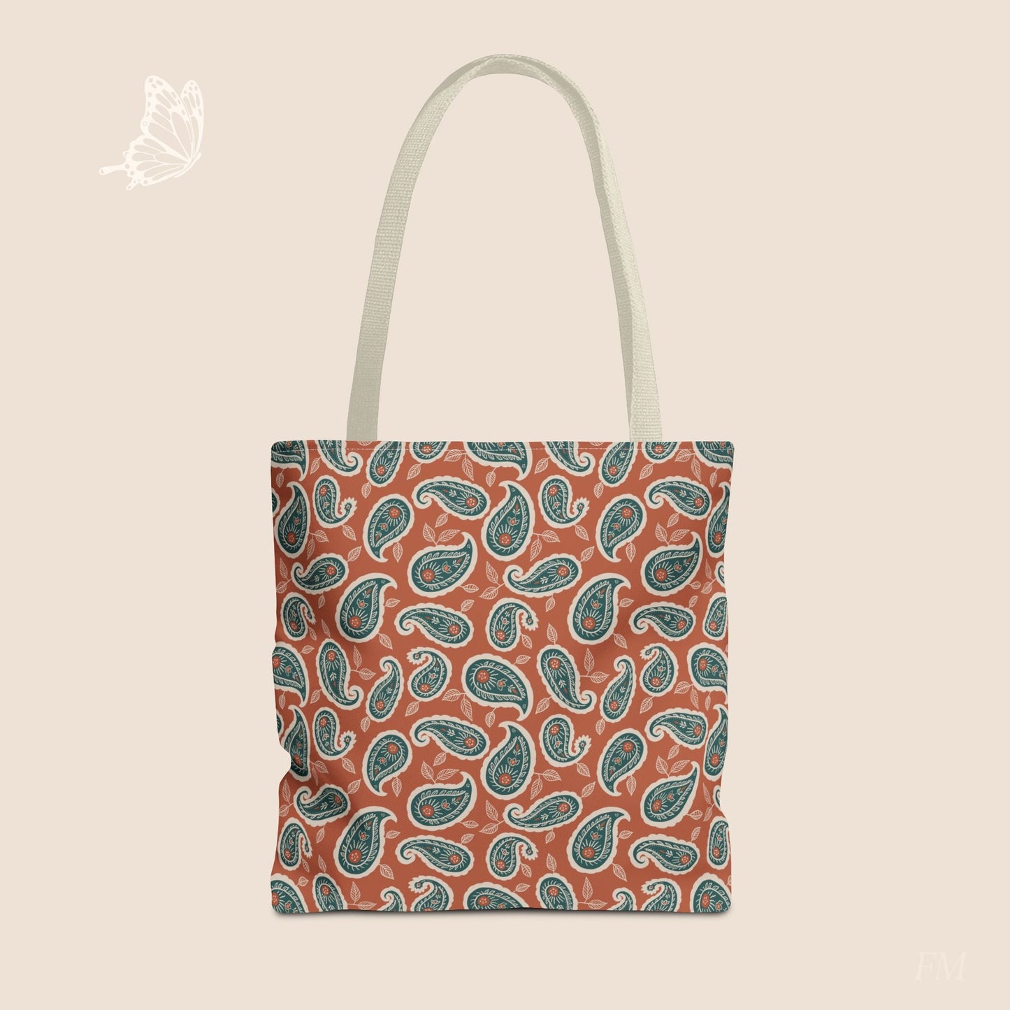 Paisley Folklore Rust & Teal Day Tote Bag with hand drawn artwork - Flourish Moon Studio