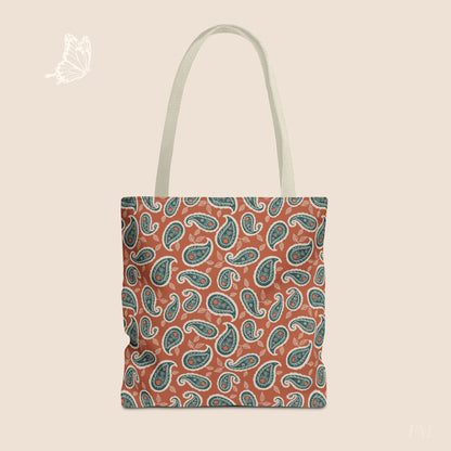 Paisley Folklore Rust & Teal Day Tote Bag with hand drawn artwork - Flourish Moon Studio