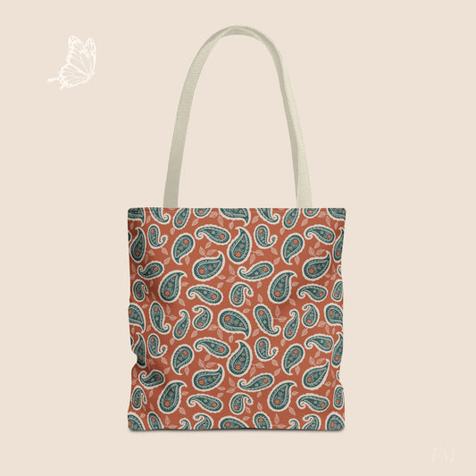 Paisley Folklore Rust & Teal Day Tote Bag with hand drawn artwork - Flourish Moon Studio