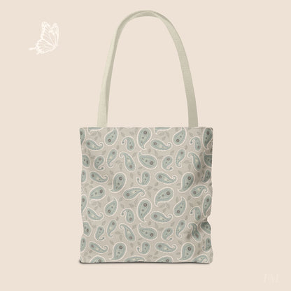 Paisley Folklore Sage Mist Day Tote Bag with hand drawn artwork - Flourish Moon Studio