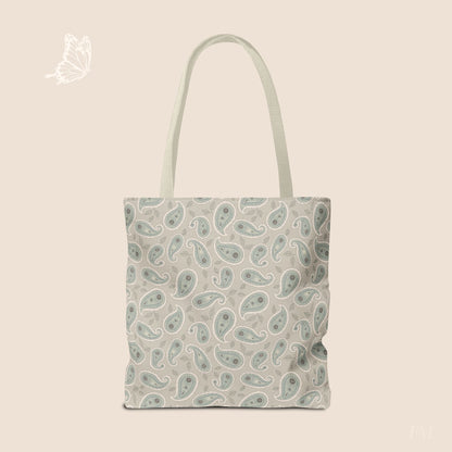 Paisley Folklore Sage Mist Day Tote Bag with hand drawn artwork - Flourish Moon Studio