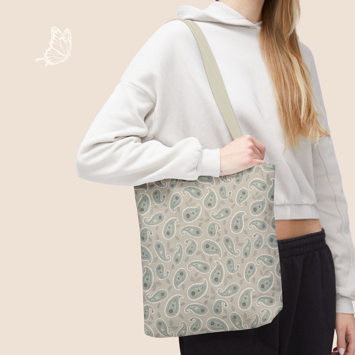 Paisley Folklore Sage Mist Day Tote Bag with hand drawn artwork - Flourish Moon Studio