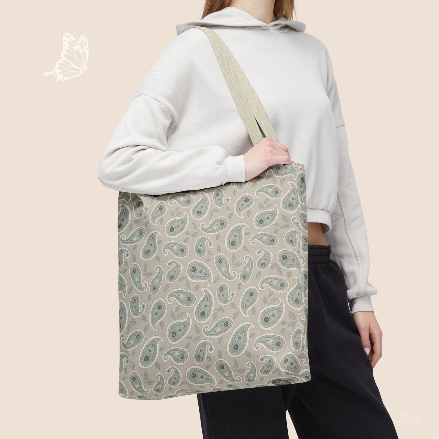 Paisley Folklore Sage Mist Day Tote Bag with hand drawn artwork - Flourish Moon Studio