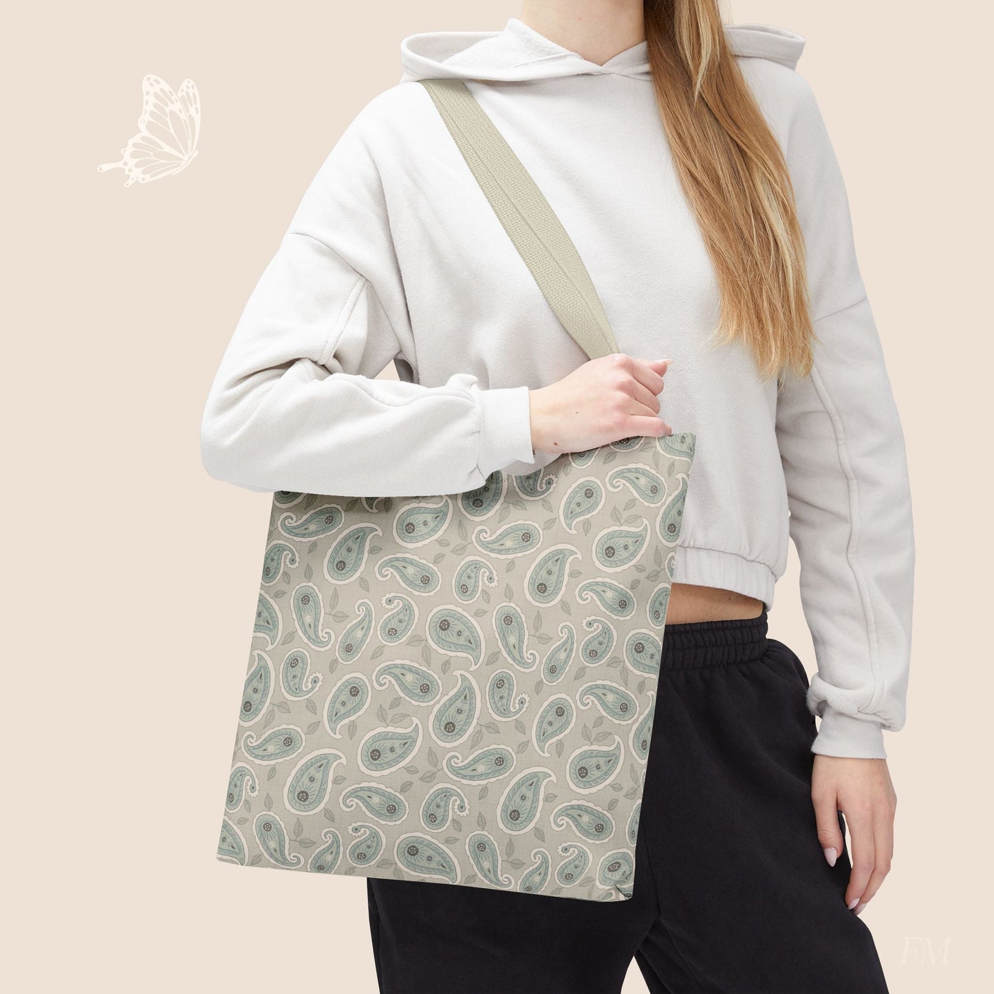 Paisley Folklore Sage Mist Day Tote Bag with hand drawn artwork - Flourish Moon Studio