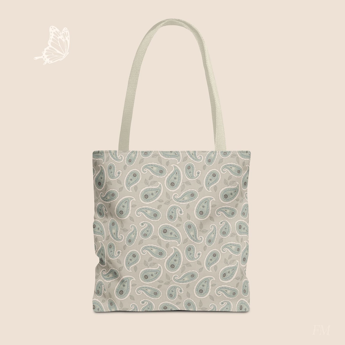 Paisley Folklore Sage Mist Day Tote Bag with hand drawn artwork - Flourish Moon Studio