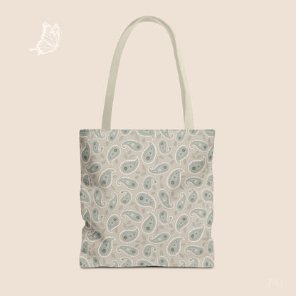 Paisley Folklore Sage Mist Day Tote Bag with hand drawn artwork - Flourish Moon Studio