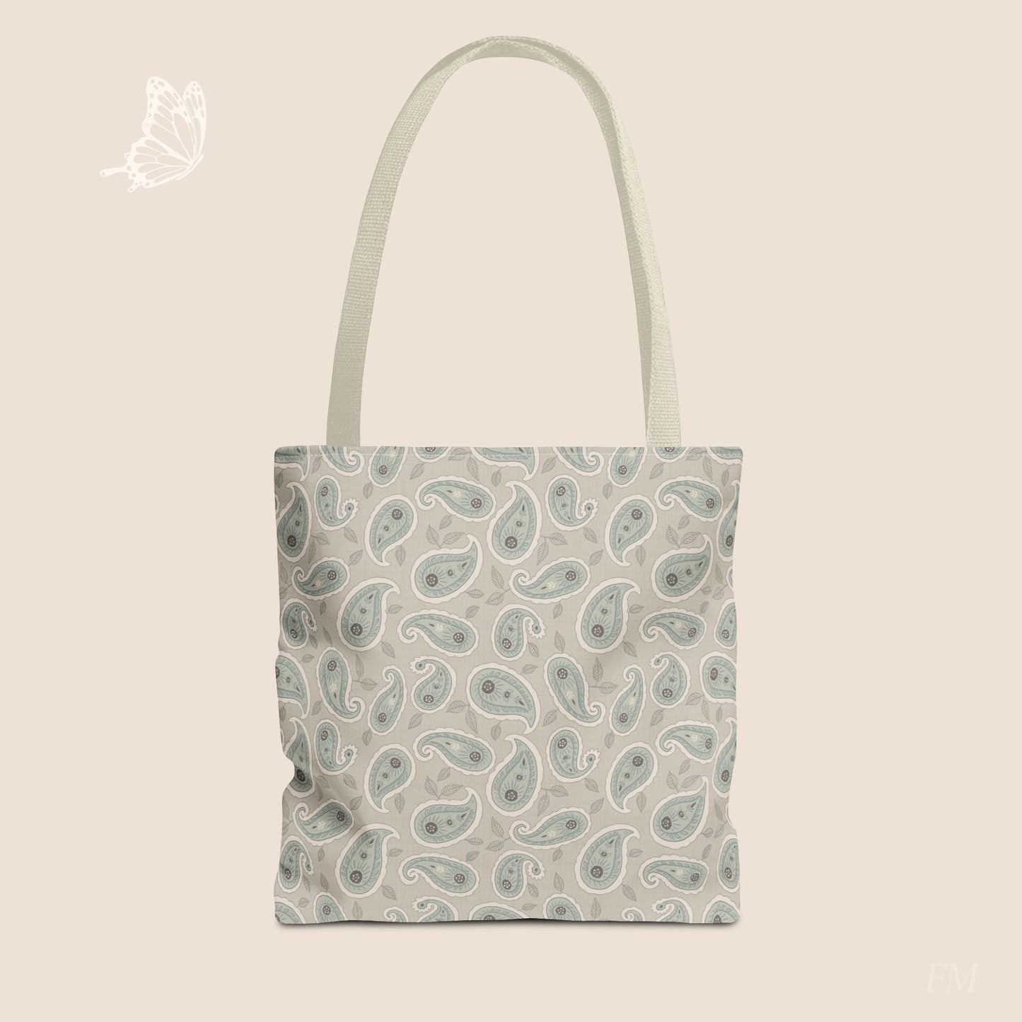 Paisley Folklore Sage Mist Day Tote Bag with hand drawn artwork - Flourish Moon Studio