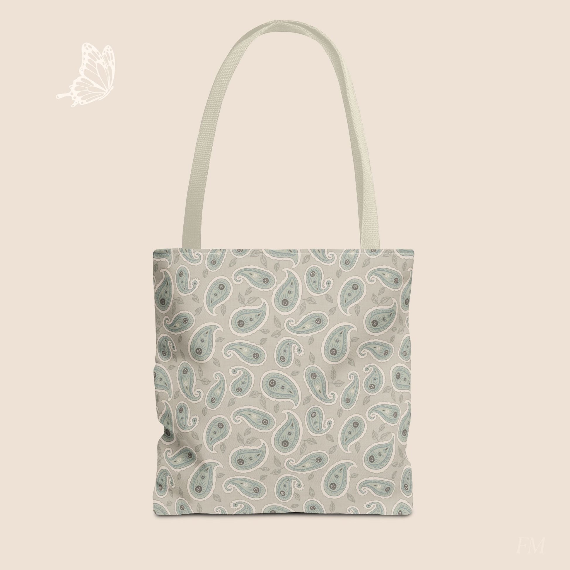 Paisley Folklore Sage Mist Day Tote Bag with hand drawn artwork - Flourish Moon Studio