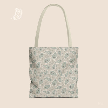 Paisley Folklore Sage Mist Day Tote Bag with hand drawn artwork - Flourish Moon Studio