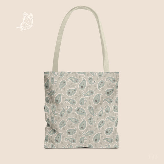 Paisley Folklore Sage Mist Day Tote Bag with hand drawn artwork - Flourish Moon Studio